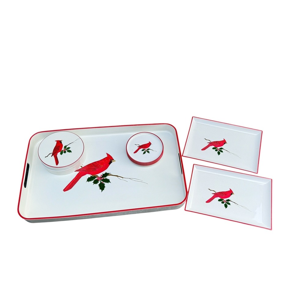 Otagiri Japan Lacquerware Cardinal Serving Tray Coaster Box Set Gibson Greetings
